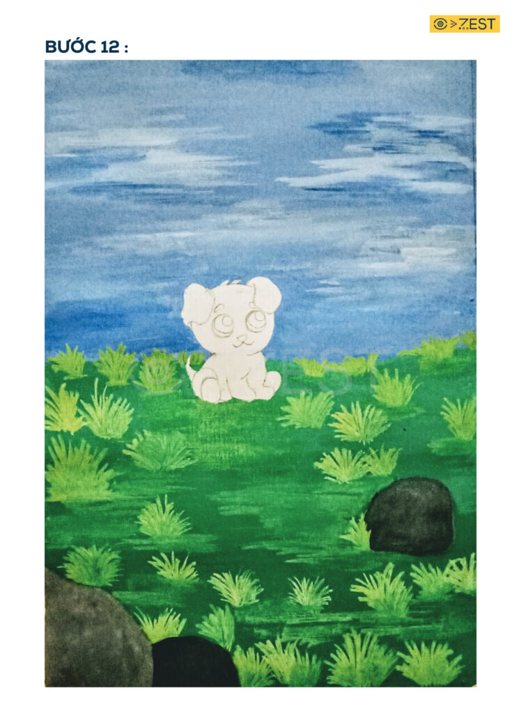 Hướng dẫn bé vẽ tranh chú cún Bêtô trên đồng xanh